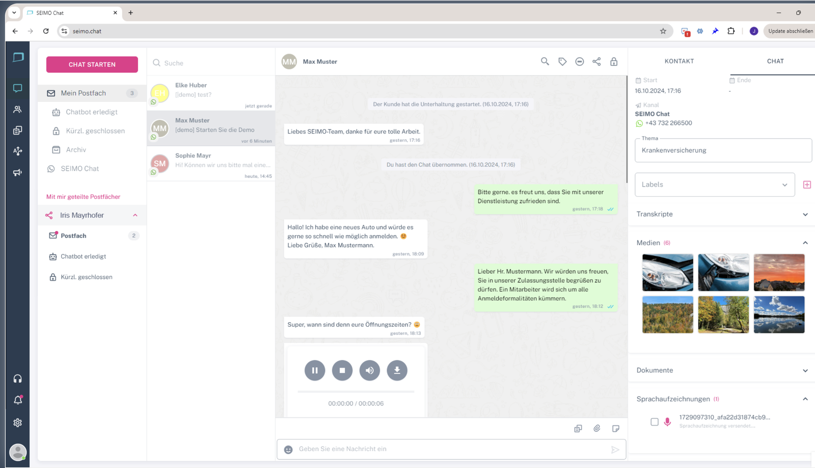 SEIMO Chat Oberfläche: geteilter Posteingang mit WhatsApp-Konversationen, Kontakt- und Medienübersicht